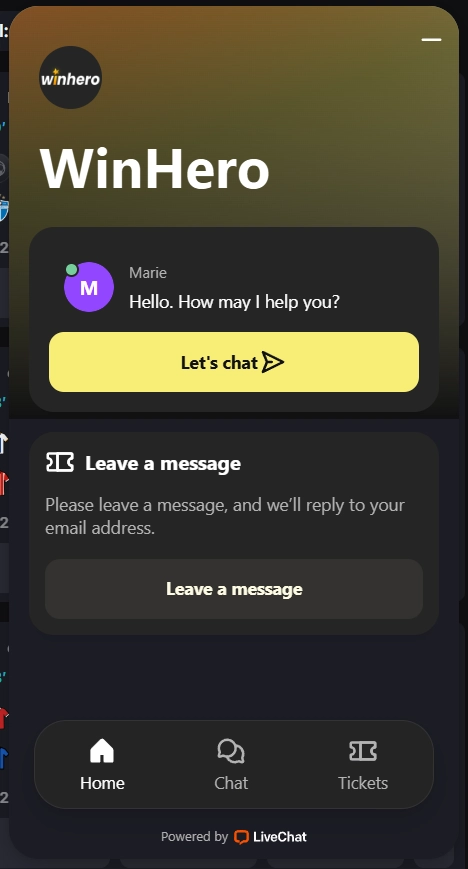 Winhero Casino Live-Chat Support mit Chatfenster und Kontaktoptionen