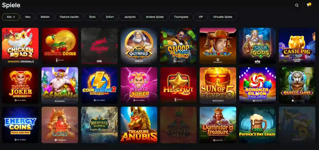 Winhero Casino Spiele Bereich mit Slots, Jackpot Spielen und Tischspielen